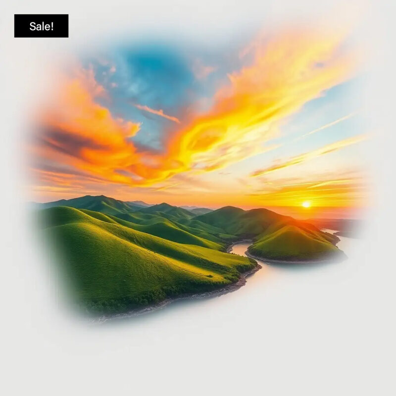 A vibrant sunset over lush green hills with colorful skies.